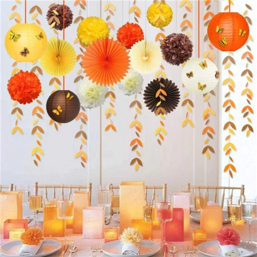 Pom Pom with 3D Butterfly Autumn Leaves Garland for Thanksgiving Party Supplies